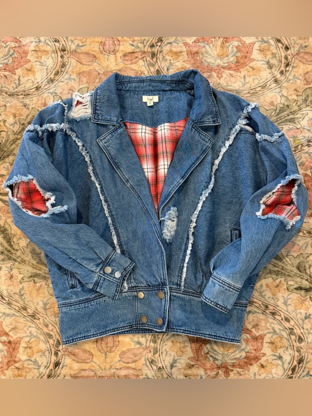 Easel Denim Jacket with Red Plaid Lining - Women's Distressed Jean Coat Small